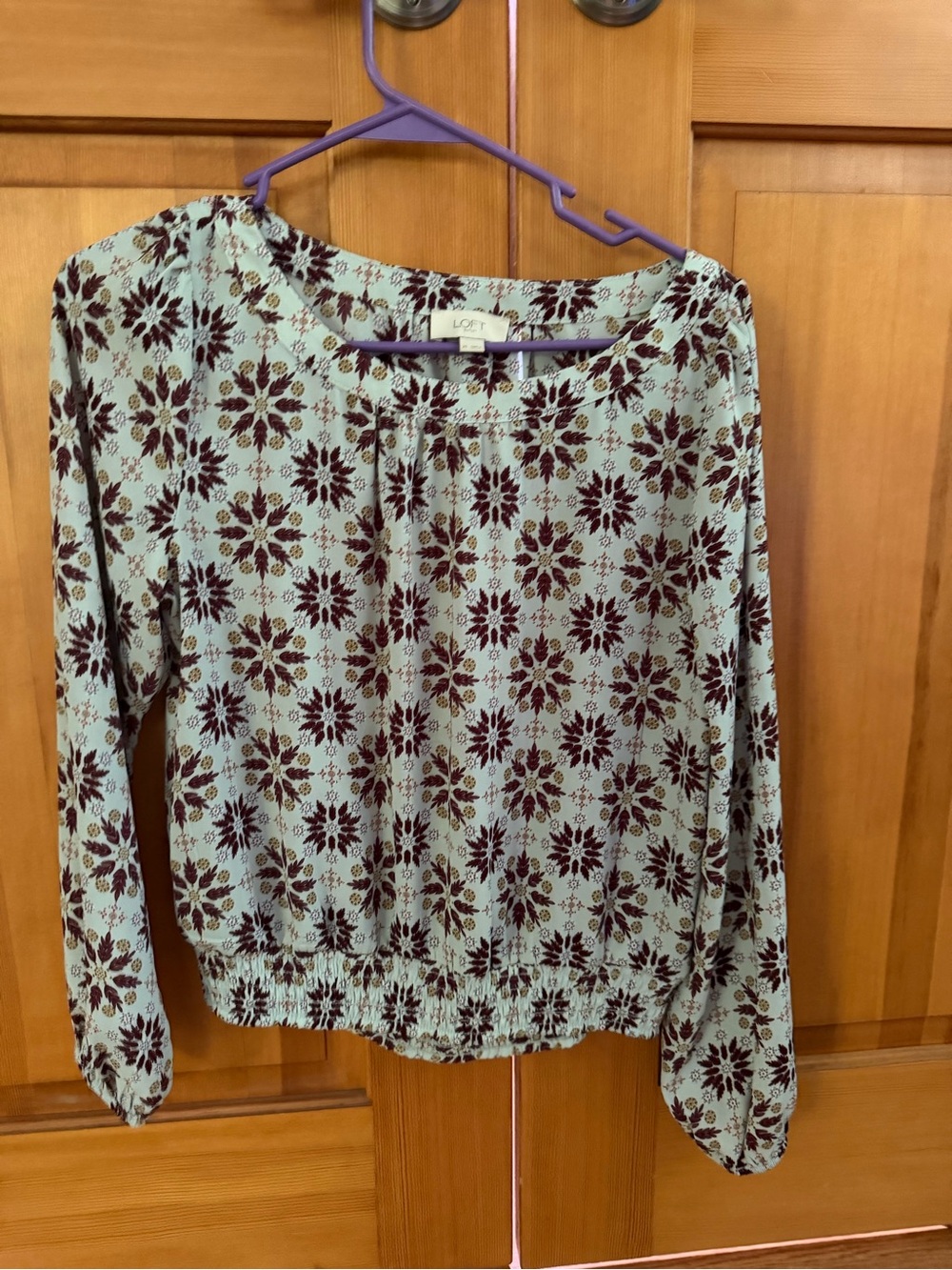 LOFT Mint Green Blouse with Burgundy Floral Pattern